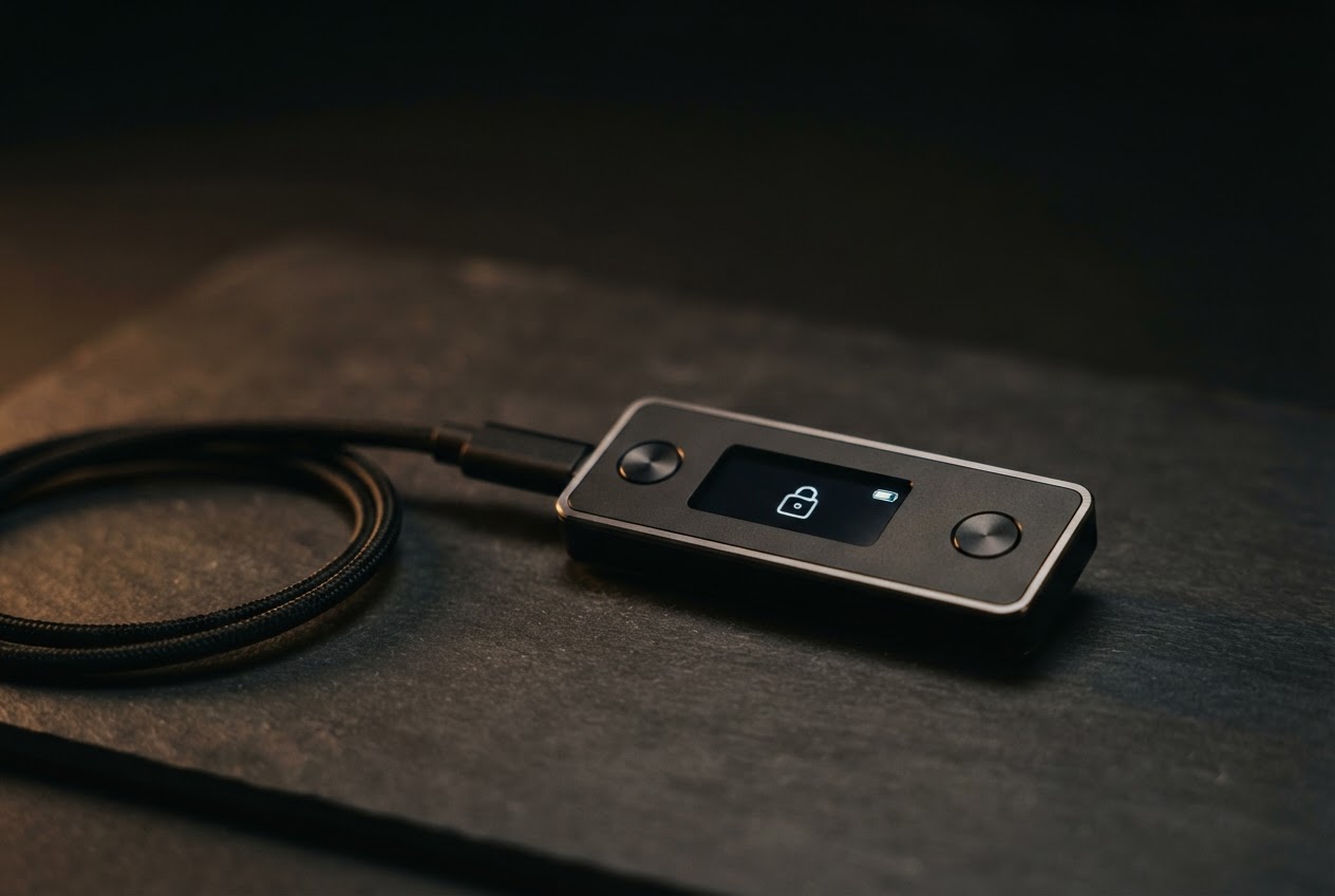 A hardware wallet on a softly illuminated graphite surface