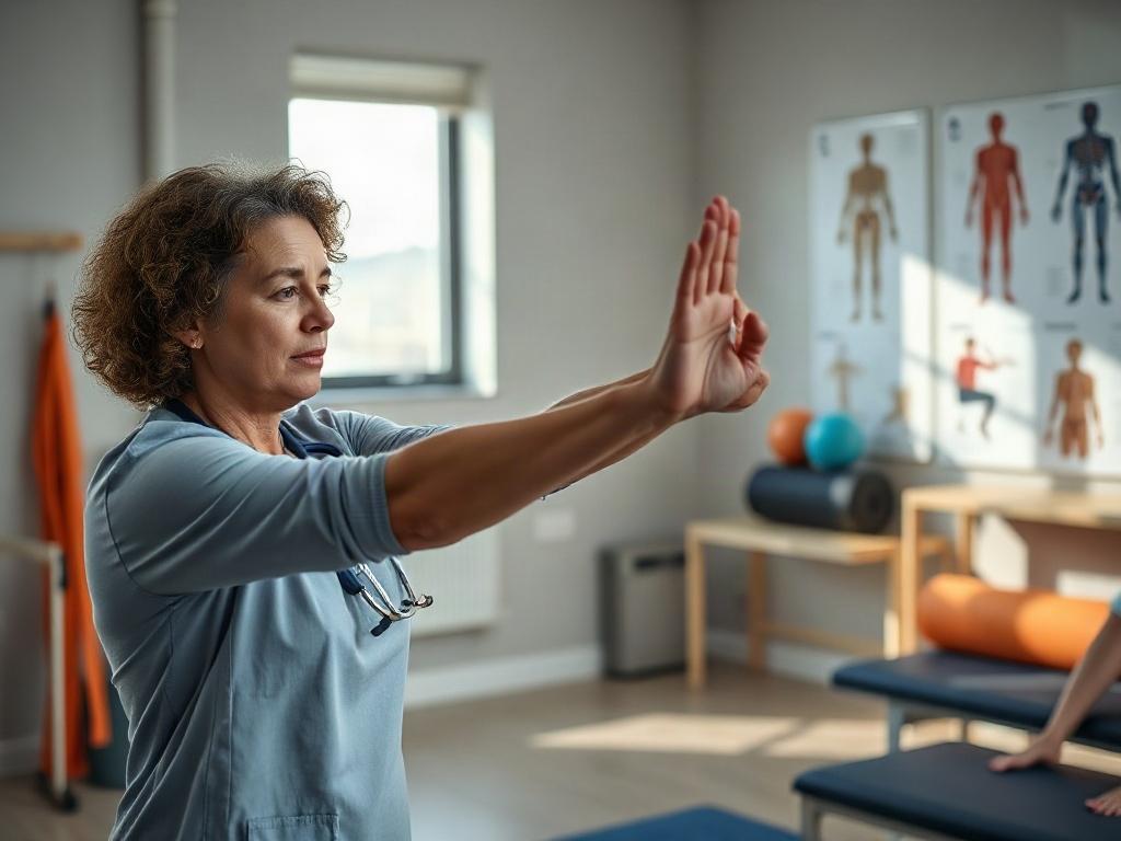 Create a realistic high-resolution photo focusing on a healthcare professional, such as a physical therapist, engaged in a one-on-one session with a patient experiencing musculoskeletal pain. The setting should be a modern, well-lit clinic room, featuring soft-toned walls and minimalistic design elements to emphasize a calming atmosphere. 

The healthcare professional, a middle-aged woman with curly hair, should be demonstrating a gentle stretching exercise to the patient, who is a middle-aged man with a fo