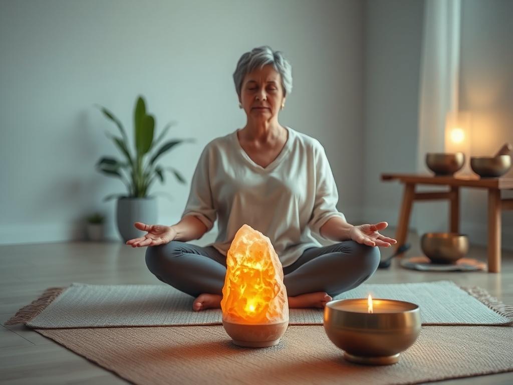 Create a realistic high-resolution photo that captures the essence of light and sound therapy for stress and anxiety relief. The composition should be simple and clear, featuring a single subject: a serene individual sitting cross-legged on a soft, natural fiber mat in a tranquil indoor setting. The person, a middle-aged woman with a peaceful expression, is surrounded by soft, ambient lighting that beautifully highlights her relaxed posture.

In the foreground, place a gentle, glowing light source—like a Hi