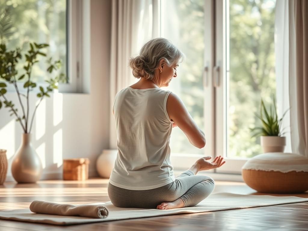 Create a realistic, high-resolution photo that embodies the theme of holistic therapies for relieving sciatica pain. The composition should be simple and clear, focusing on a single subject: a serene, middle-aged individual practicing yoga on a soft mat. This subject should be depicted in a gentle, restorative yoga pose, such as Child’s Pose or Seated Forward Bend, which promotes relaxation and stretches the lower back.

Ensure the background is a calming home environment, featuring soft, natural light stre