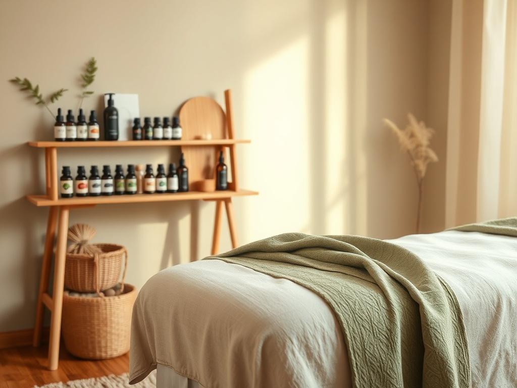 **AI Image Generation Prompt:**

Create a realistic high-resolution photo that reflects the essence of holistic therapies at Amla Healing Arts, titled "The Role of Holistic Therapies at Amla Healing Arts." The primary subject of the composition should be a serene and inviting treatment space featuring a cozy treatment chair or massage table, draped in soft, natural fabrics. The background should include warm, calming colors with earthy tones—like soft greens and browns—to create a soothing atmosphere.

In o