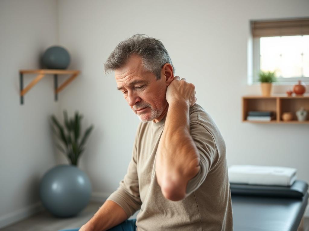 **AI Image Generation Prompt:**

Create a realistic, high-resolution photo featuring a single subject—a person sitting on a physical therapy table, appearing thoughtful and slightly tense. The individual should be a middle-aged adult, with an expression that conveys concern and contemplation while gently rubbing the back of their neck, highlighting the discomfort associated with whiplash. 

The background should be softly blurred to emphasize the subject, featuring a serene, well-lit physical therapy clinic