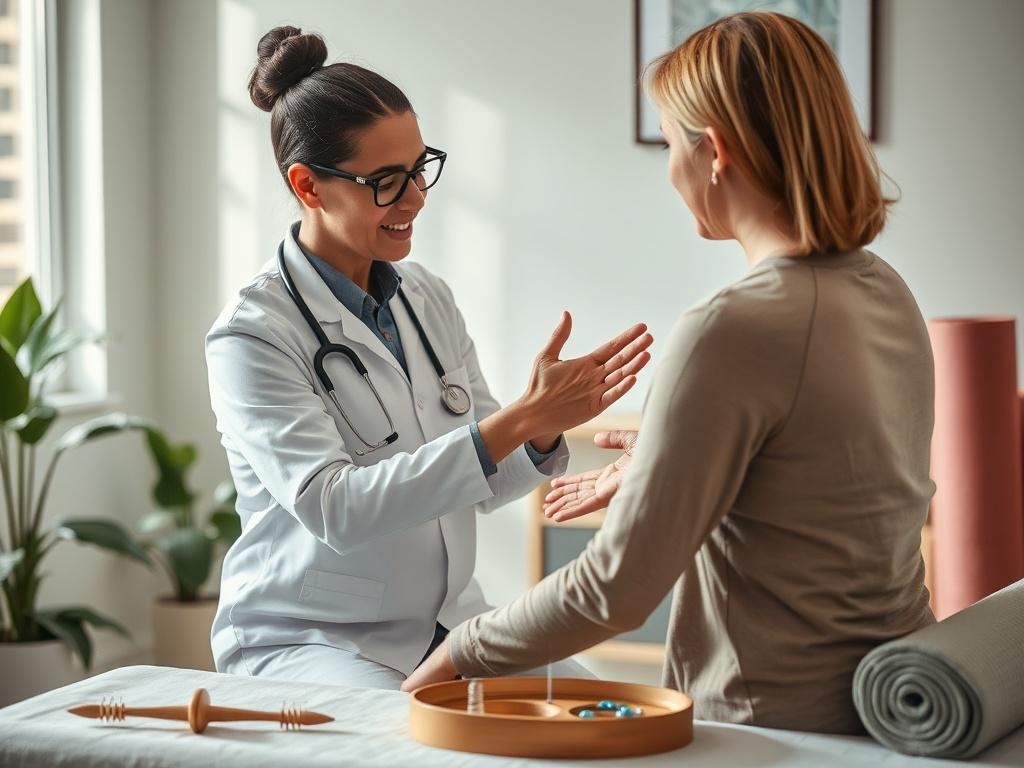 Create a hyper-realistic close-up image that represents the theme of "Where to Find Non-Surgical Pain Relief in Bergen County." The composition should focus solely on a knowledgeable and compassionate healthcare provider engaged in a one-on-one consultation with a patient. The subject could be a licensed physical therapist or chiropractor, showcasing hands-on techniques while demonstrating a caring approach. 

The background should feature a serene and inviting treatment room, with evidence of soothing colo