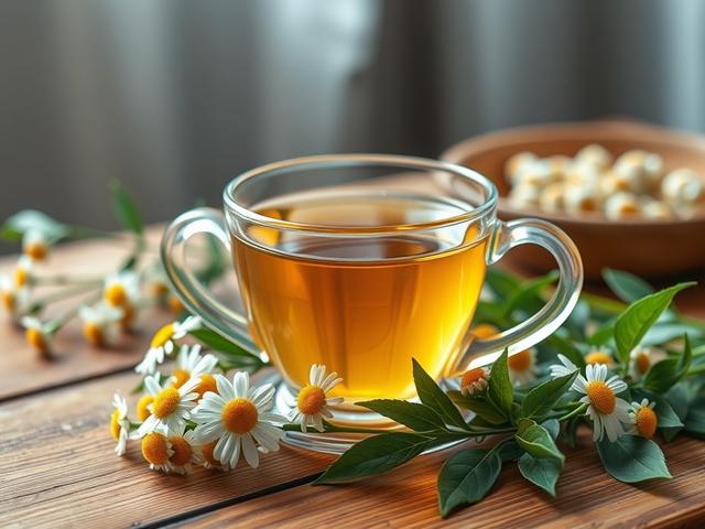 **AI Image Generation Prompt:**

Create a hyper-realistic photo that captures the essence of holistic health through the use of herbs. The main subject should be a beautifully arranged, fresh cup of calming chamomile tea, prominently placed at the center of the image. The tea should be in an elegant, transparent glass teacup that showcases its warm, golden hue. Surround the cup with delicate chamomile flowers and soothing green leaves to highlight the herbal theme. 

In the background, incorporate a softly 