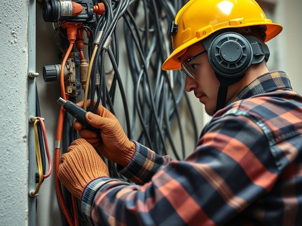 A hyper realistic close up shot of an electrician working