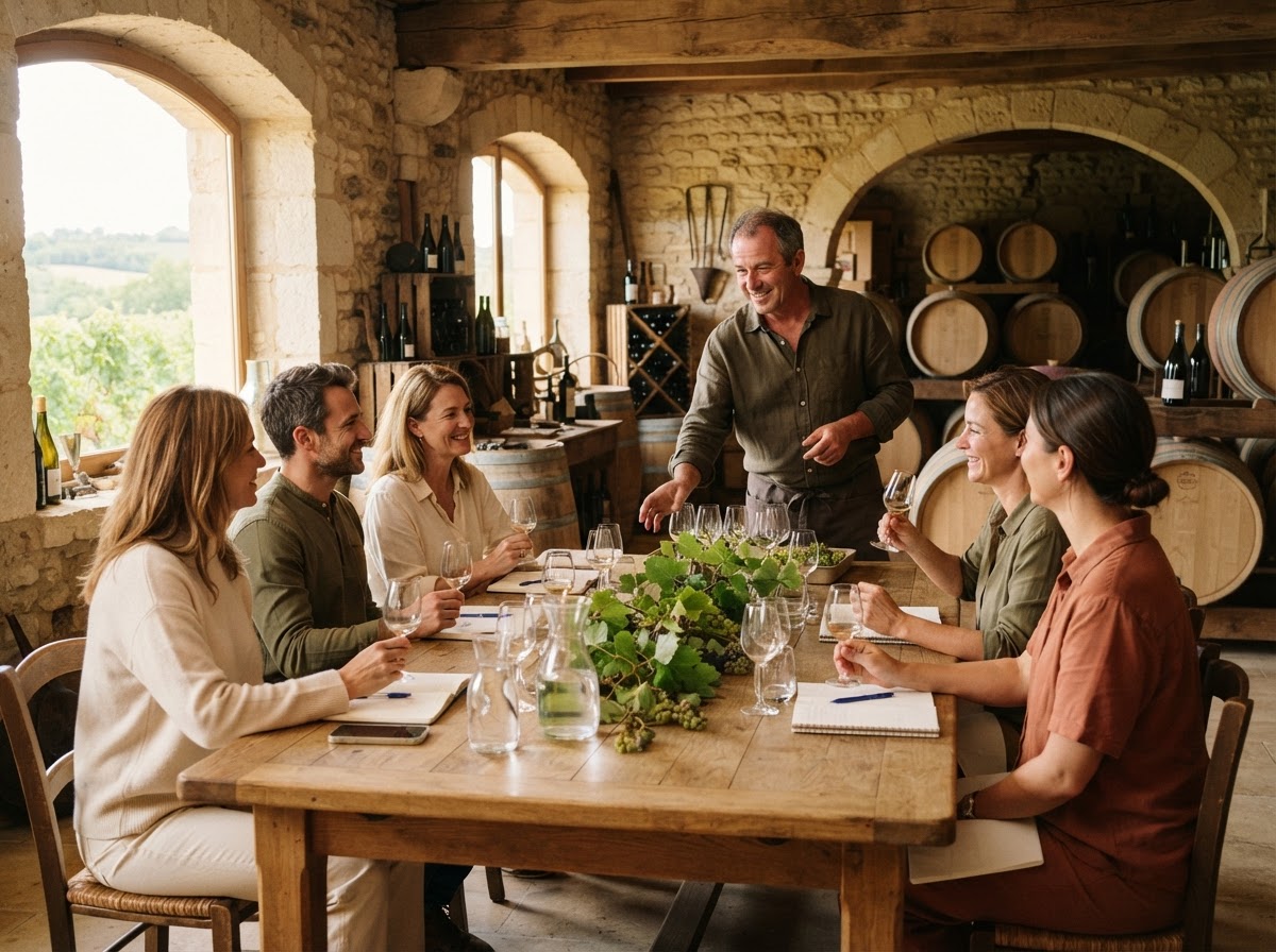 Een gezellige workshop over wijn in een ruimte met natuurstenen muren