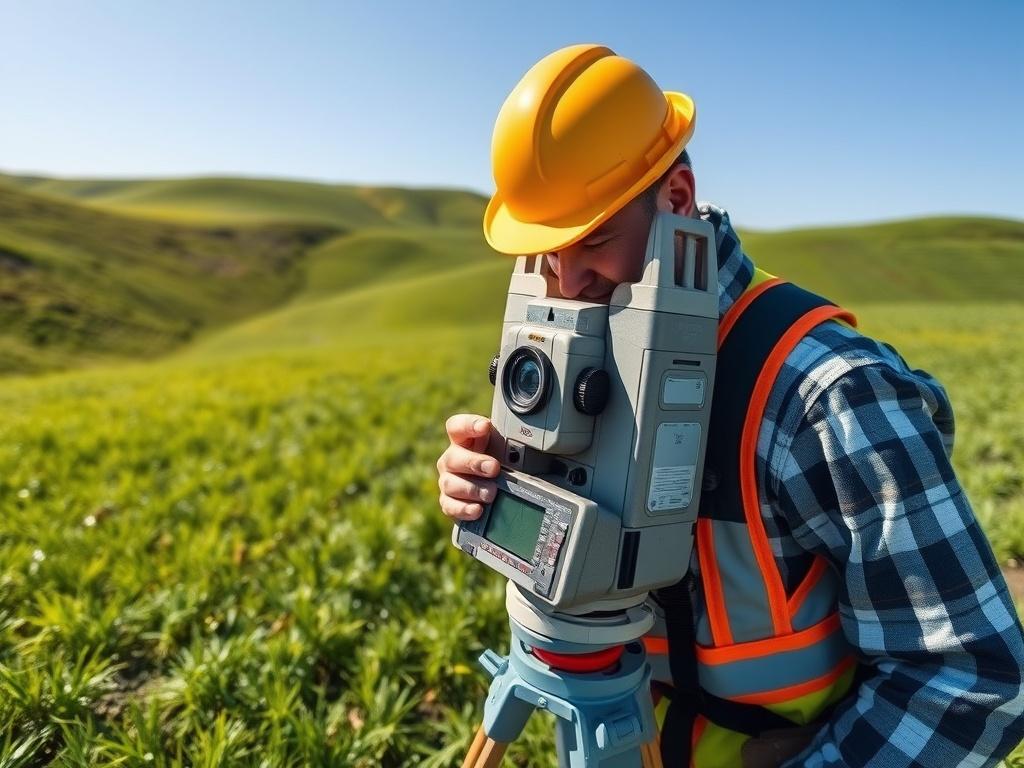A realistic high-resolution photo of a topographical survey being conducted on a lush green landscape. The main subject is a surveyor using a total station, focused on taking measurements, with a clear view of the terrain in the background. The scene is vibrant and well-lit, showcasing the natural features of the land. The image should have a simple composition, with the surveyor prominently in the foreground, and a clear blue sky above.