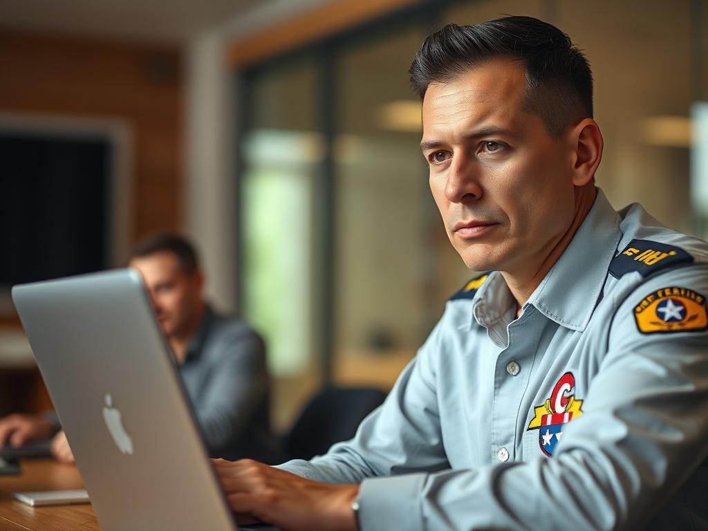 A close-up shot of a veteran in a professional setting, engaged in a training session with a laptop open in front of them. The background should be softly blurred, focusing on the veteran's determined expression. The lighting should be warm and inviting, emphasizing a sense of empowerment and support. The image should reflect a realistic high-resolution quality, showcasing the veteran's military insignia and professional attire.