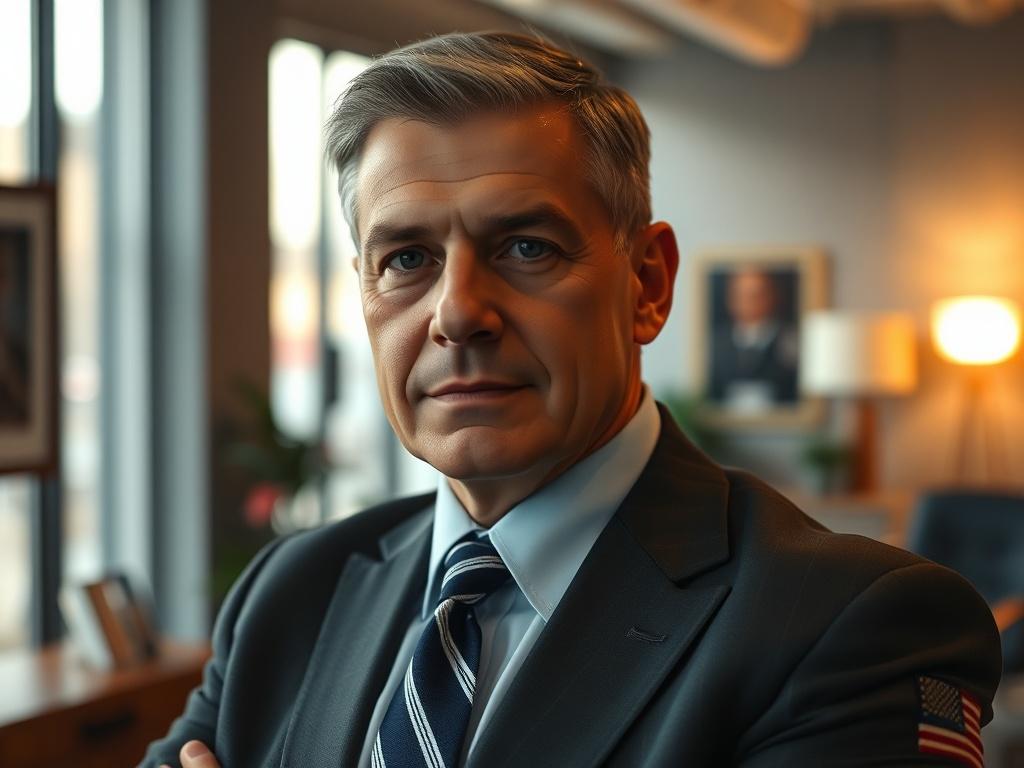 A close-up shot of a veteran in professional attire, looking confidently at the camera. The background is softly blurred, featuring a modern office setting with subtle hints of military elements, like an insignia or framed photo. The lighting is warm and inviting, creating a sense of hope and empowerment. The veteran's expression conveys determination and readiness for civilian life, capturing the essence of transition and success.