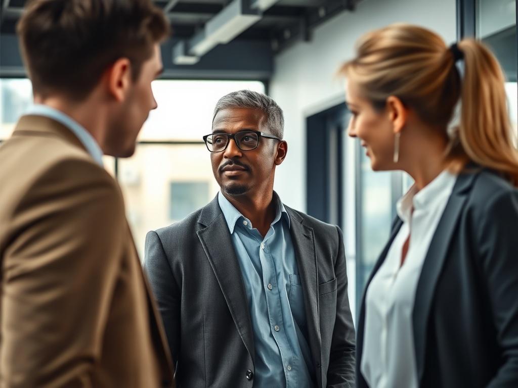 A close-up shot of a veteran in a smart casual outfit, confidently discussing career opportunities with a mentor in a well-lit, professional setting. The background is subtly blurred, with hints of a modern office environment, conveying a sense of support and guidance. The image should reflect warmth and empowerment, showcasing the veteran's determination to succeed in civilian life. The colors should harmonize with the #CFB07C primary color scheme.