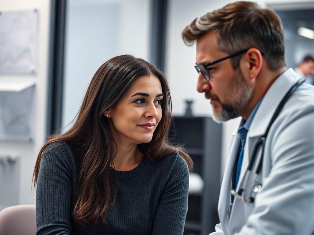 A close-up shot of a healthcare professional, such as a nurse or doctor, engaged in a consultation with a patient. The setting is a modern medical office, with soft lighting that creates a warm atmosphere. The healthcare professional is wearing a lab coat, showing a caring demeanor, while the patient appears attentive and engaged. The background features medical charts and equipment subtly blurred, ensuring the focus remains on the interaction between the two individuals. Shot with a 45mm f/1.2 lens.