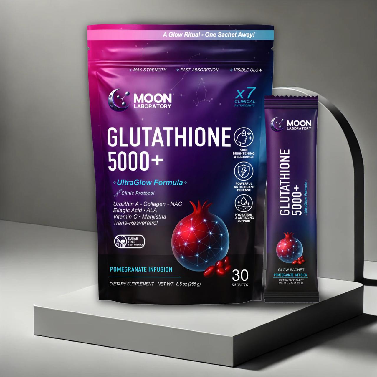 Glutathione 5000 mg powder supplement with collagen, vitamin C, pomegranate extract, NAC, ALA, CoQ10, hyaluronic acid and antioxidants. Skin whitening & brightening, anti-aging, detox & immune support. Liposomal glutathione ultra glow drink for even skin tone, radiant glow, beauty supplement for women and men. Supports liver health, cellular detox, hydration, pigmentation correction, daily wellness & luminous complexion. Moon Laboratory premium formula.