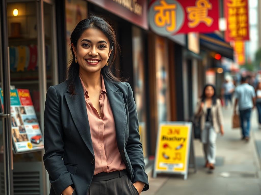 **AI Image Generation Prompt:**

Create a realistic high-resolution photo that encapsulates the theme of "Harnessing the Power of Business Directories." The composition should be simple and clear, focusing on a single subject. The subject is a confident business owner, a South Asian woman in her early 30s, standing proudly in front of a local shop adorned with a vibrant, well-designed business directory prominently displayed at the entrance. 

She should be looking directly at the camera, with a welcoming s