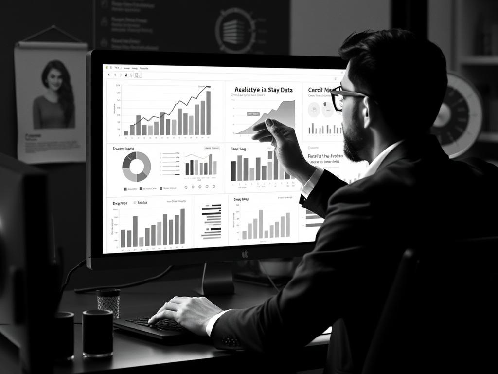 A realistic high-resolution black and white image showing a marketing professional analyzing demographic data on a computer screen, surrounded by graphs and charts, symbolizing in-depth target audience analysis.