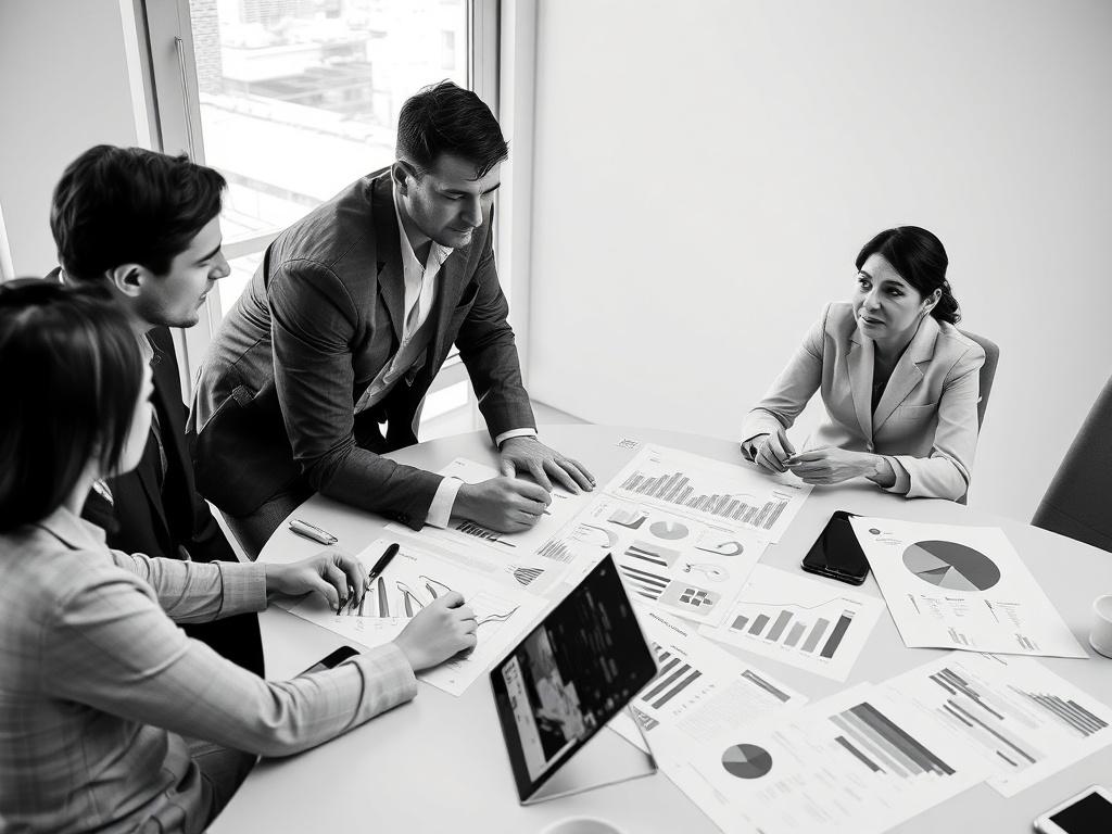 A realistic high-resolution black and white image of a business meeting with professionals discussing market research data, charts, and graphs on a table, conveying a sense of collaboration and strategic planning.