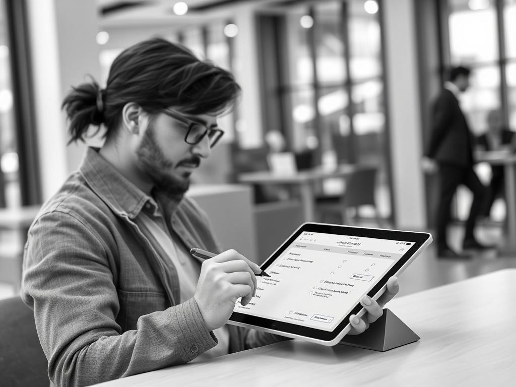 A realistic high-resolution black and white image of a customer filling out a satisfaction survey on a tablet in a modern environment, emphasizing the importance of customer feedback.
