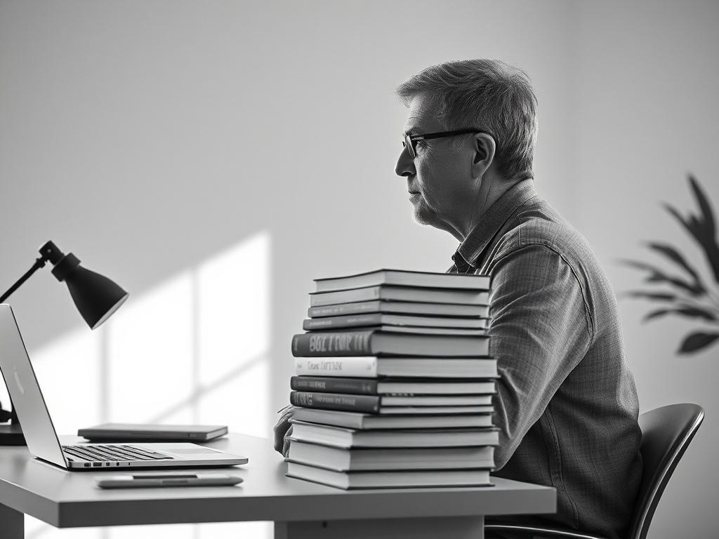 **AI Image Generation Prompt:**

Create a realistic high-resolution black and white photograph that embodies the theme of "Das Paradoxon der KI-Ära." The focal point of the image should be a thoughtful individual seated at a minimalist desk, engaging deeply with a rising stack of books about technology, philosophy, and human emotion. The subject, a middle-aged person with a contemplative expression, should be portrayed in profile to highlight their engagement with the materials in front of them.

The backgr