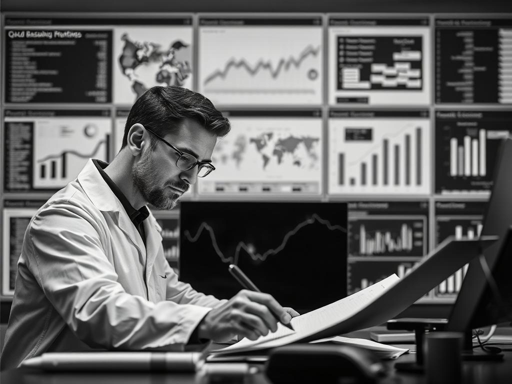 A high-resolution black and white image of a professional researcher analyzing data, with a focus on a grid layout and charts in the background, conveying a sense of depth and complexity.