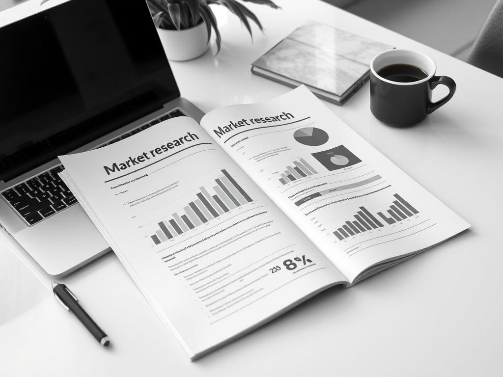 A high-resolution black and white image of a professional market research report laid open on a desk, with graphs and charts visible, surrounded by a laptop and a cup of coffee in a modern office setting.