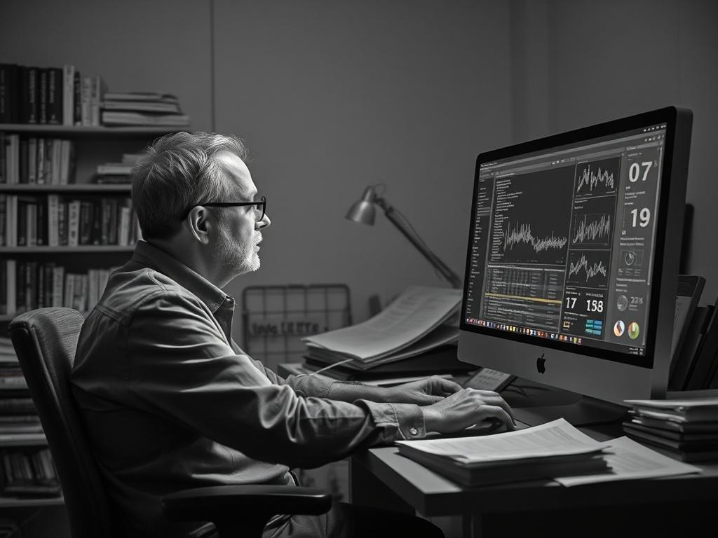 **AI Image Generation Prompt:**

Create a realistic high-resolution black and white photograph that embodies the theme of the blog titled "Die synthetische Versuchung – Warum Algorithmen keine Menschen ersetzen." The composition should be simple and clear, focusing on a single subject. 

**Subject Matter:** Feature a thoughtful researcher seated at a cluttered desk, surrounded by reports and data charts, gazing intently at a large computer screen displaying lines of algorithmic data and visualizations relat