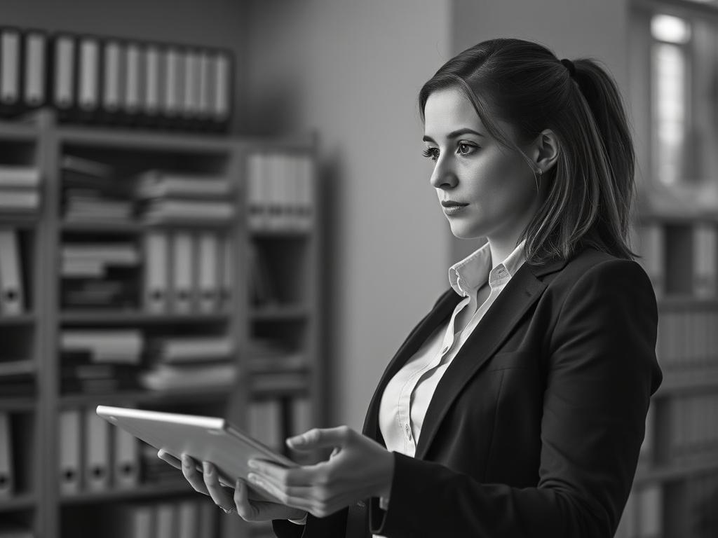Create a highly realistic, high-resolution black and white photo that encapsulates the essence of market research. The composition should be simple and clear, featuring a single subject at the center of the image. The subject is a thoughtful professional—either a male or female—dressed in business attire, who appears to be engaged in deep contemplation while reviewing market data on a tablet. 

In the background, include a blurred office setting, hinting at a bustling workplace atmosphere, with soft focus o