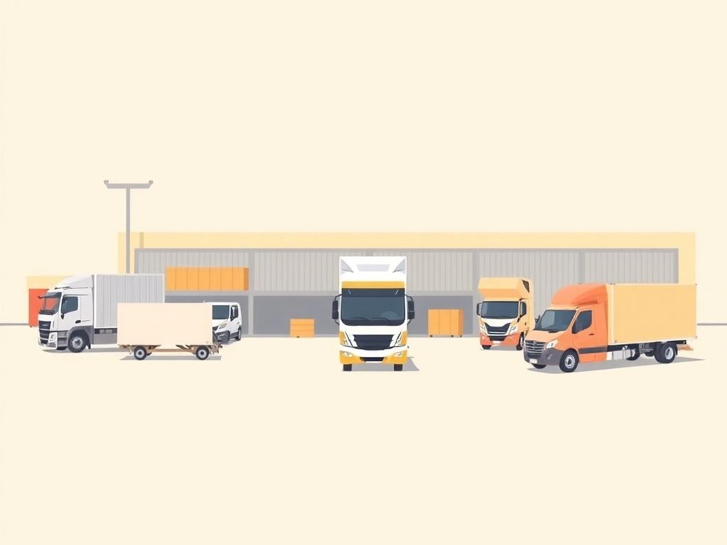 A minimalistic illustration of a logistics center with diverse delivery trucks, symbolizing efficient supply chain management. The background should be a calming pastel color, reflecting organization and reliability in logistics.