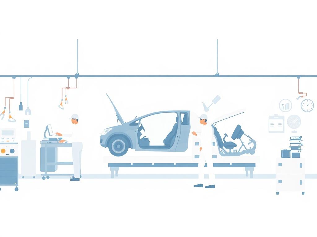 An illustration of an automotive assembly line, depicting workers efficiently collaborating with machinery. The image should be simple and airy, with pastel colors to convey a sense of innovation and productivity.
