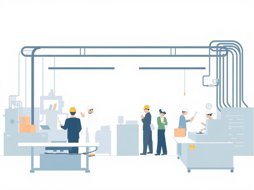 A clean, minimalistic image of a factory with workers collaborating harmoniously, showcasing a sense of organization and teamwork. The background should be a soft pastel color, emphasizing a productive and compliant work environment.