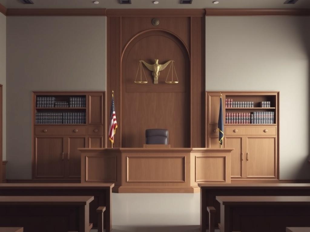 A high-resolution image of a courtroom with a judge's bench and legal books in the background, emphasizing an atmosphere of professionalism and authority. The image should be clear and minimalistic, with a focus on the legal elements present.