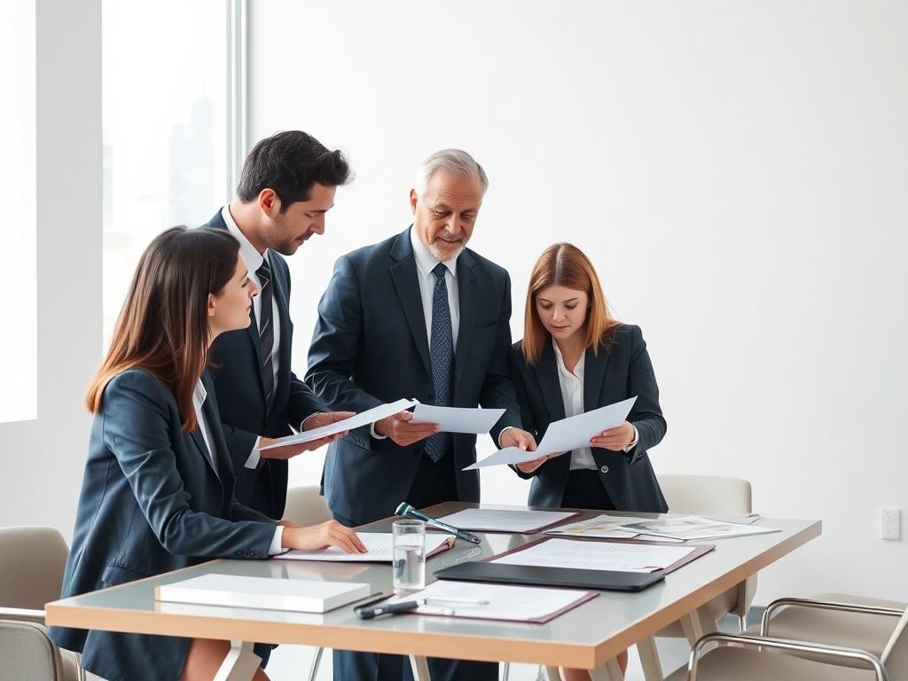 A high-resolution image of a business meeting with professionals discussing legal documents, highlighting collaboration and strategic planning. The setting should be modern and minimalistic, with a focus on the participants and documents.
