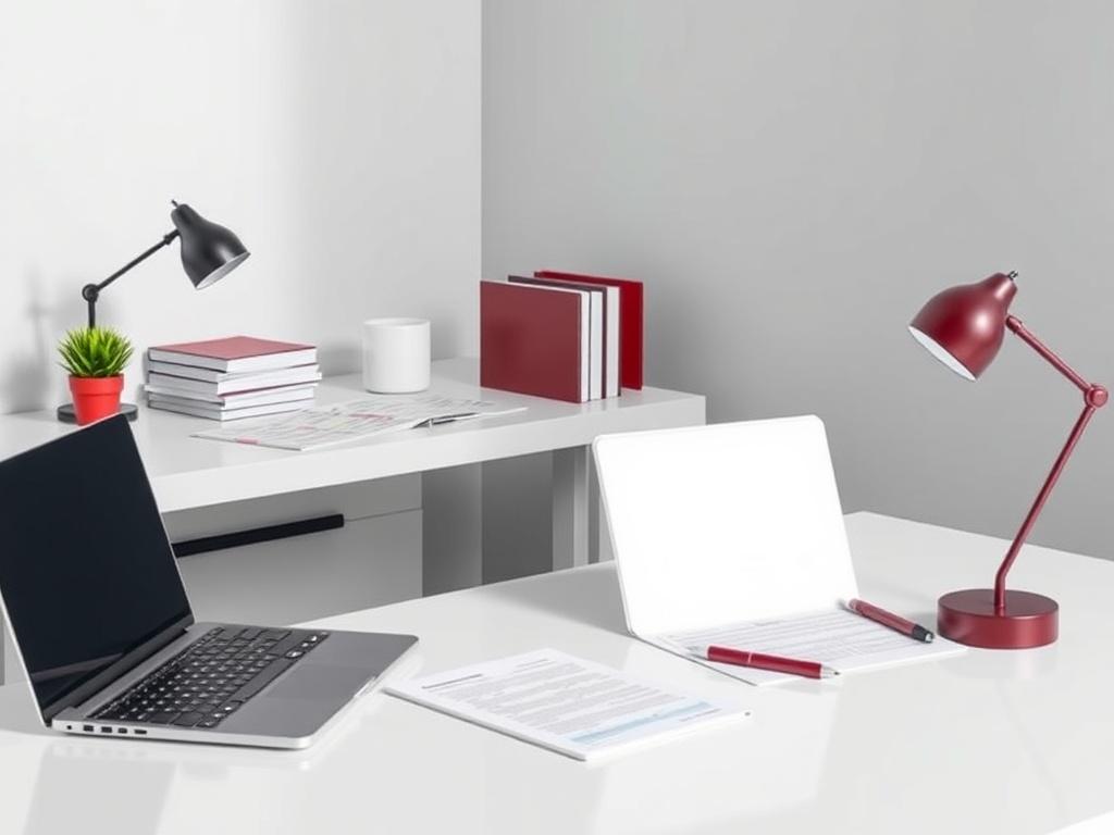 A high-resolution image of a modern office desk with legal documents and a laptop, showcasing a clean and minimalist design. The background should be simple, focusing on the desk and documents, with a color palette that includes burgundy and Prussian blue accents.