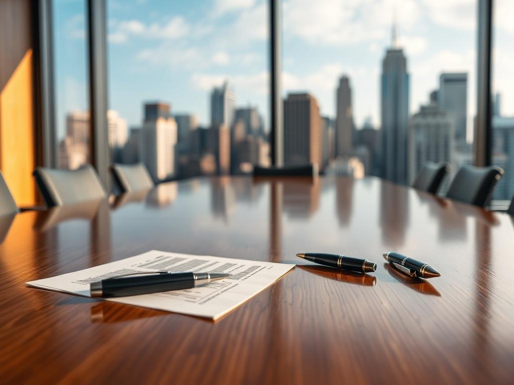 A hyper-realistic, close-up shot of a sleek, modern boardroom table with a large window behind it showing a view of a vibrant cityscape. The focus is on the polished wooden surface of the table, reflecting natural light. There are legal documents neatly arranged on the table, alongside a few elegant pens, emphasizing professionalism. The background should be slightly blurred to highlight the table and documents, with the city skyline providing a dynamic backdrop.