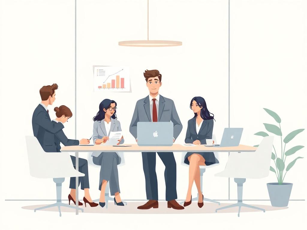 A minimalistic illustration of a legal consultant discussing M&A operations with business professionals in a modern office setting. The image should focus on a single consultant with a laptop, surrounded by documents and charts. The background should be clean and airy, using pastel colors to convey a professional yet approachable atmosphere.