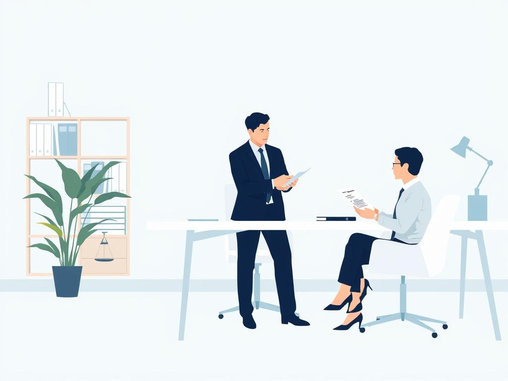A professional office setting with a single lawyer consulting with a client. The lawyer is reviewing documents related to employment law. The background features a clean and minimalistic design, with a focus on the lawyer and client interaction. The color scheme includes shades of blue to match the primary color #062767.