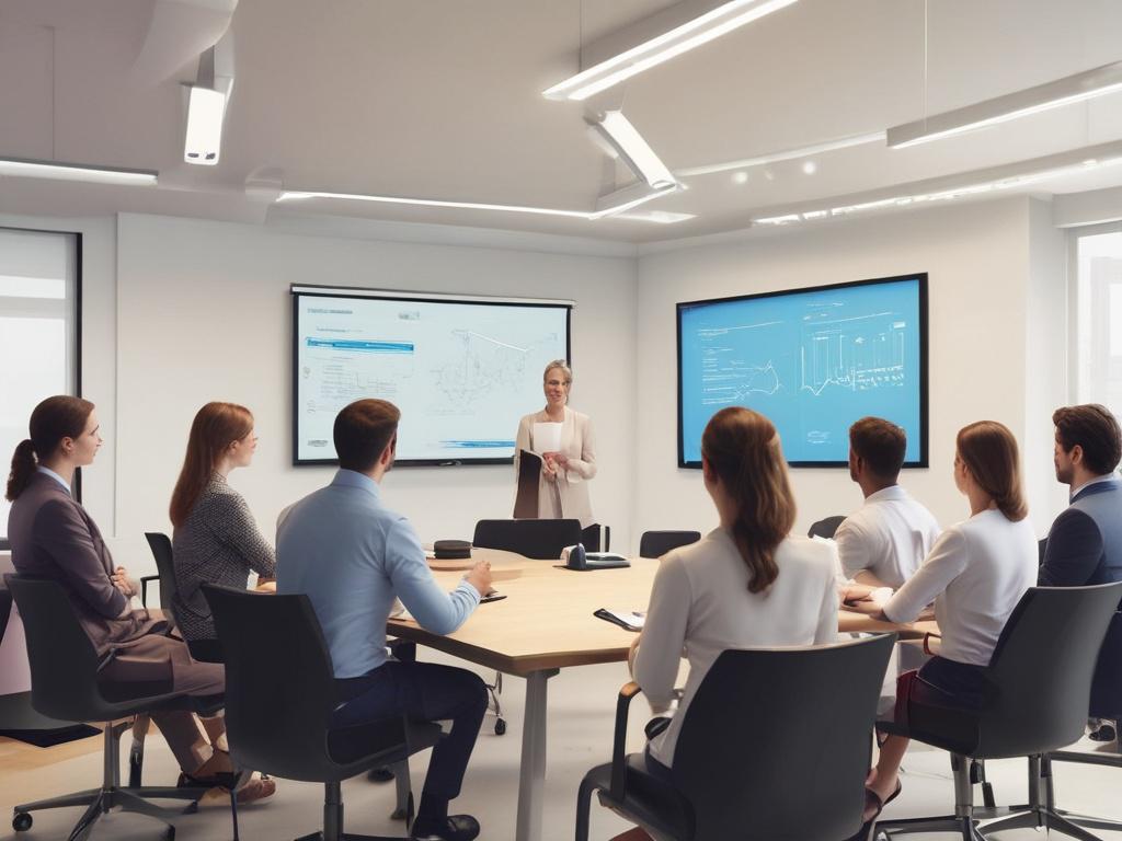 A high-resolution image of a professional training session in progress, with a diverse group of legal professionals engaged in interactive learning. The atmosphere is dynamic and collaborative, with modern technology and resources visible in a spacious, bright classroom setting.