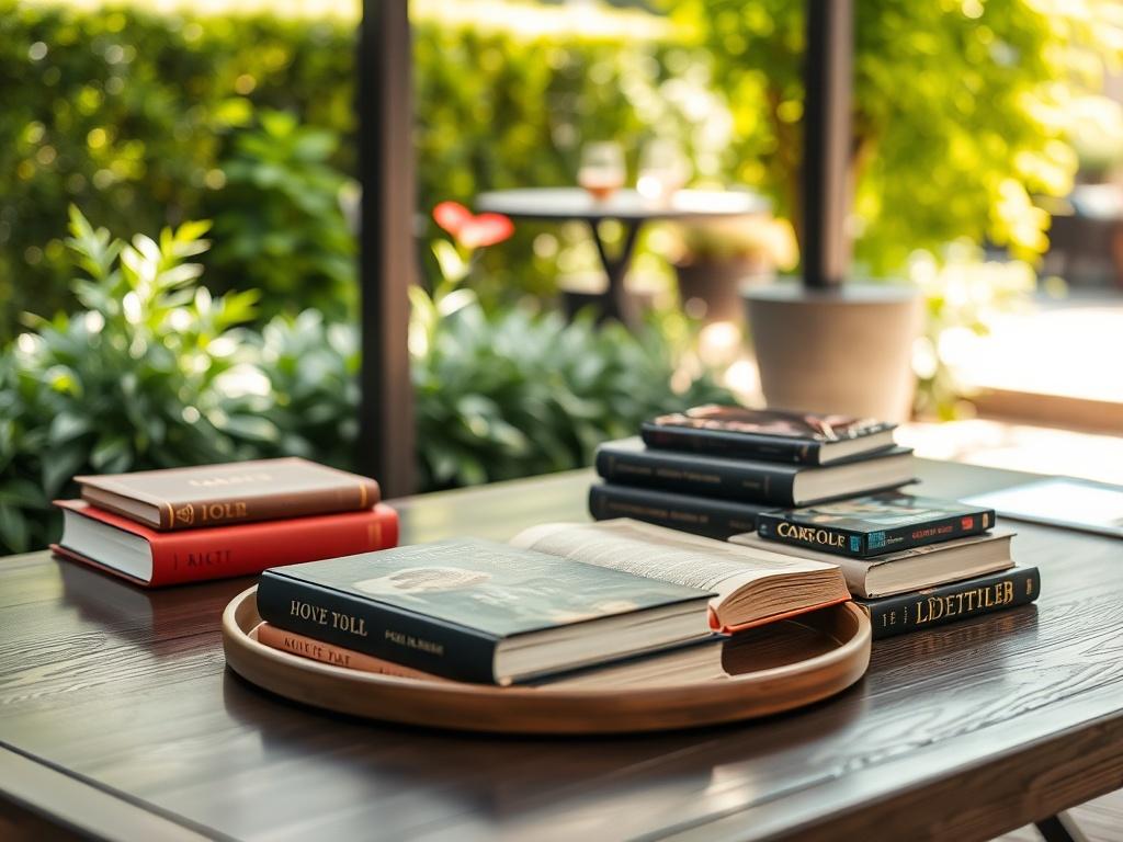 A beautifully arranged outdoor table setting featuring elegant outdoor coffee tables with stylish books placed on them. The focus is on a single coffee table showcasing a selection of books, with lush greenery and soft sunlight in the background. The composition is inviting and serene, perfect for an outdoor reading experience.