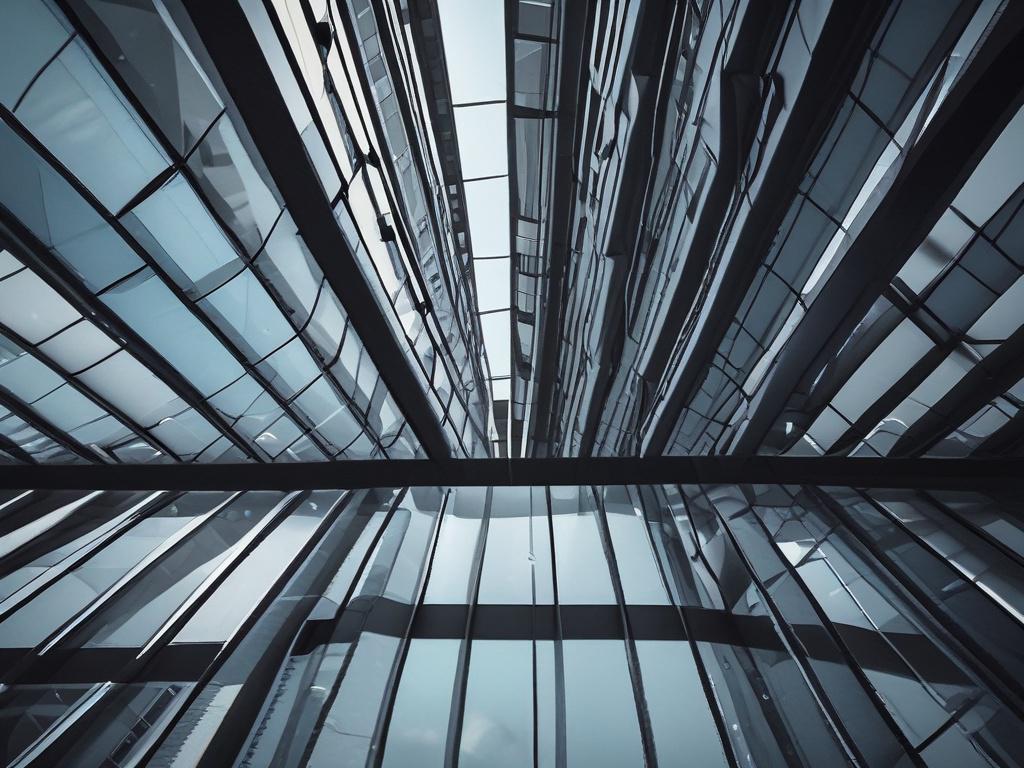 A modern business center building shot from a low angle, showcasing sleek architecture with clean lines and an expansive sky in the background. The focus is on the structure of the building, emphasizing its innovative design. The image should be high-resolution, with a minimalistic aesthetic that includes a balanced composition and negative space, highlighting the essence of modern legal practice.