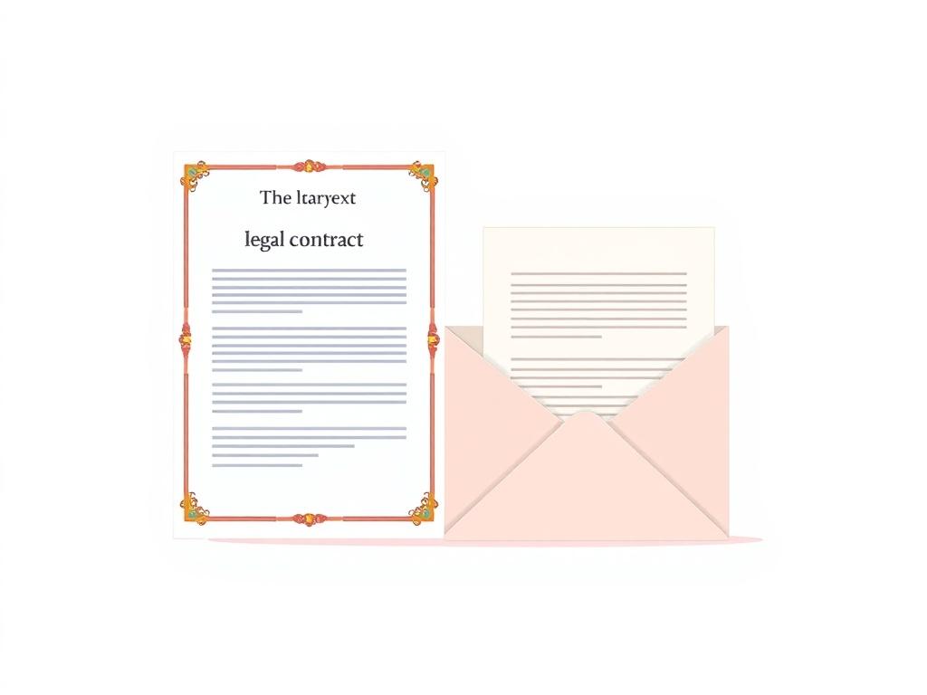 A high-quality illustration of a colorful legal contract and a letter, representing legal documentation. The composition should be clean and clear, featuring the contract on one side with a decorative border, and the letter on the other side with a subtle, elegant design. The background should be minimalistic, emphasizing the documents in pastel colors that complement the primary color #062767.