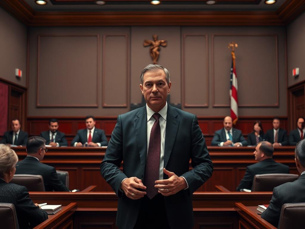 A high-resolution image of a courtroom with a judge and lawyers presenting their cases. The focus is on a lawyer confidently addressing the court, with an air of professionalism and urgency. The background should be minimalistic and elegant, incorporating burgundy and Prussian blue tones.
