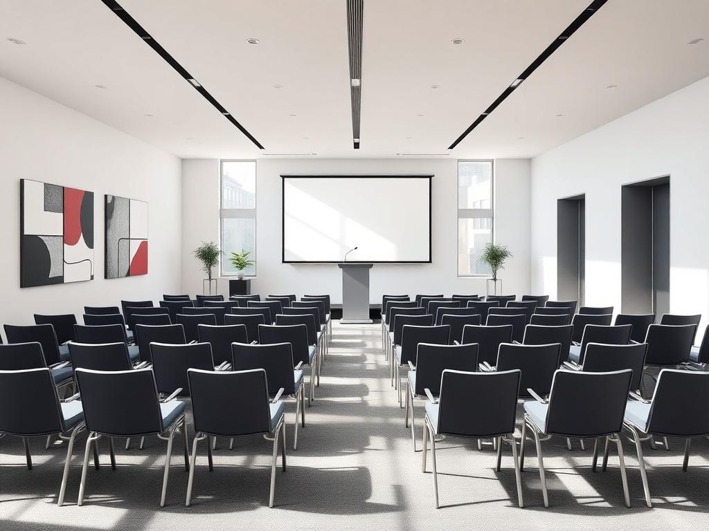 A modern legal seminar room with a sleek design, featuring rows of chairs facing a podium. The room is well-lit with large windows allowing natural light to pour in, creating an inviting atmosphere. The walls are adorned with minimalist artwork, and a large screen is set up for presentations. The color scheme includes burgundy and Prussian blue accents, enhancing the professional ambiance. The focus is on the podium with a microphone, ready for the speaker.