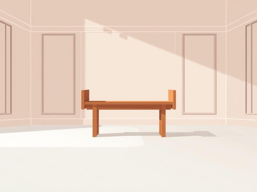 A legal bench in a minimalist style, featuring a simple wooden design with clean lines. The bench should be placed in a serene courtroom environment, with soft pastel colors dominating the background. The focus should be on the bench itself, highlighting its significance in the legal industry, while maintaining a clear and uncluttered composition.