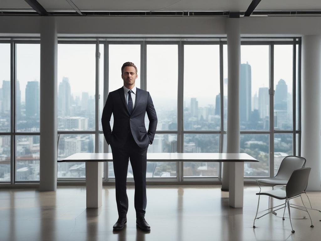 A professional executive in a modern office setting, standing confidently with arms crossed. The background features a sleek, minimalistic office with large windows allowing natural light to flood in, and a view of a city skyline. The color scheme includes shades of burgundy and Prussian blue. The executive is dressed in a tailored suit, exuding confidence and leadership. The composition is simple and clear, focusing on the executive as the single subject.