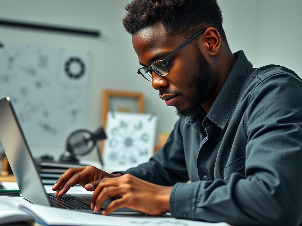 A close-up shot of a young African male cloud engineer working on a laptop, surrounded by design sketches and technical tools. The setting is a modern workspace with a minimalist aesthetic. The engineer appears focused and creative, embodying the essence of innovation in technology and design. Use a hyper-realistic style with vibrant colors, emphasizing the primary green color (rgb(50, 170, 39)) in the background elements.