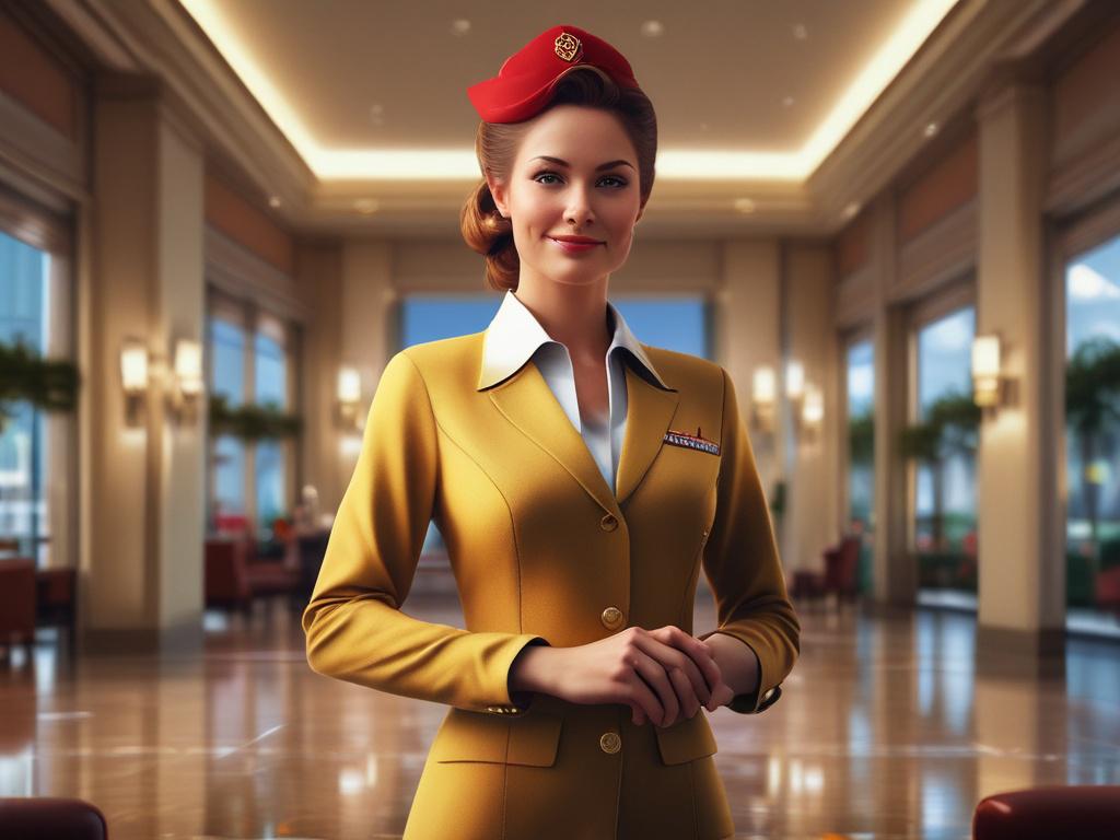 A glamorous female air hostess escort in a stylish uniform,