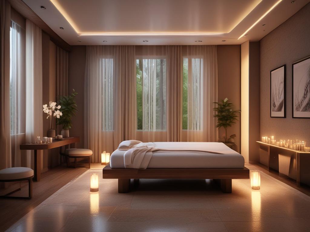 A serene spa room with soft lighting and luxurious decor,