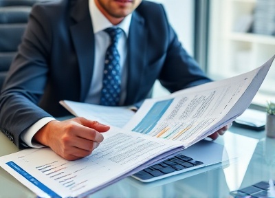 Professional accountant reviewing financial reports and spreadsheets