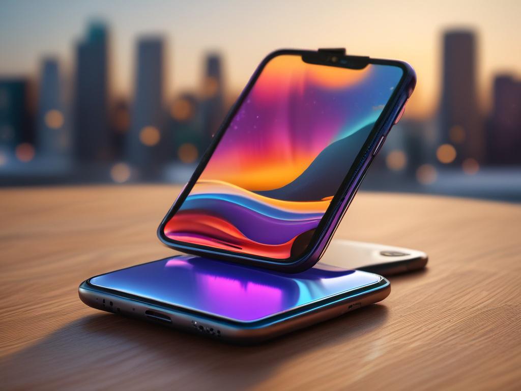 close-up of Smartphone X Pro on a sleek surface, showcasing its OLED display, vibrant colors, and modern design, blurred background with soft lighting