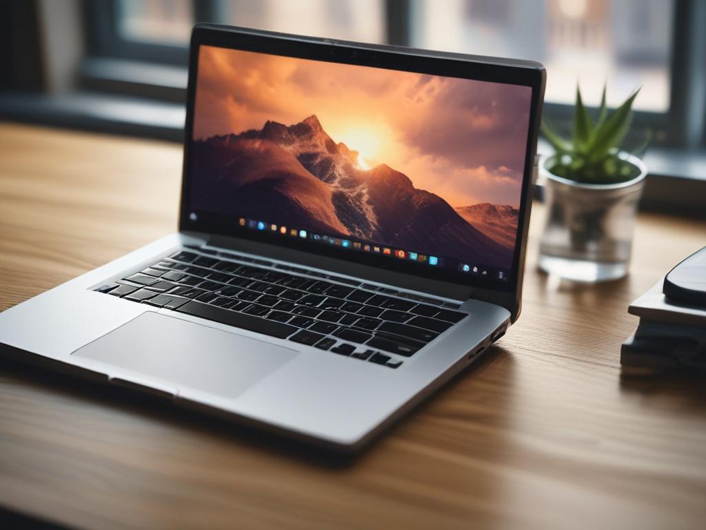 close-up of Ultra Slim Laptop 14 on a wooden desk, highlighting its slim profile and full HD display, natural light illuminating the scene