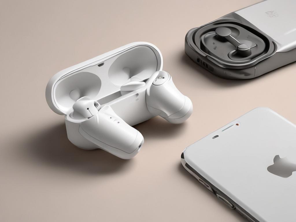 close-up of Wireless Earbuds Pro on a minimalist surface, showcasing their sleek design, charging case open beside them, soft-focus background