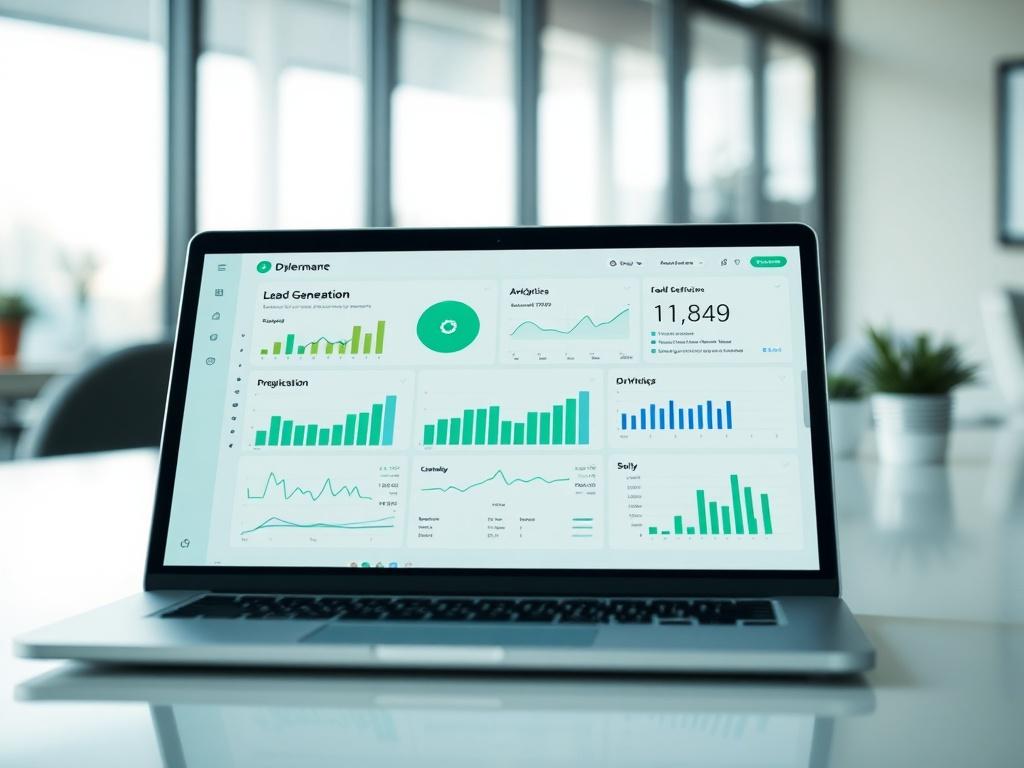A close-up shot of a sleek, modern workspace with a laptop displaying a dashboard filled with analytics and graphs related to lead generation and automation. The background is softly blurred to emphasize the laptop screen, which highlights the efficiency of automated workflows. The color palette features shades of green, harmonizing with the primary color #1C6220, creating a professional and inviting atmosphere.